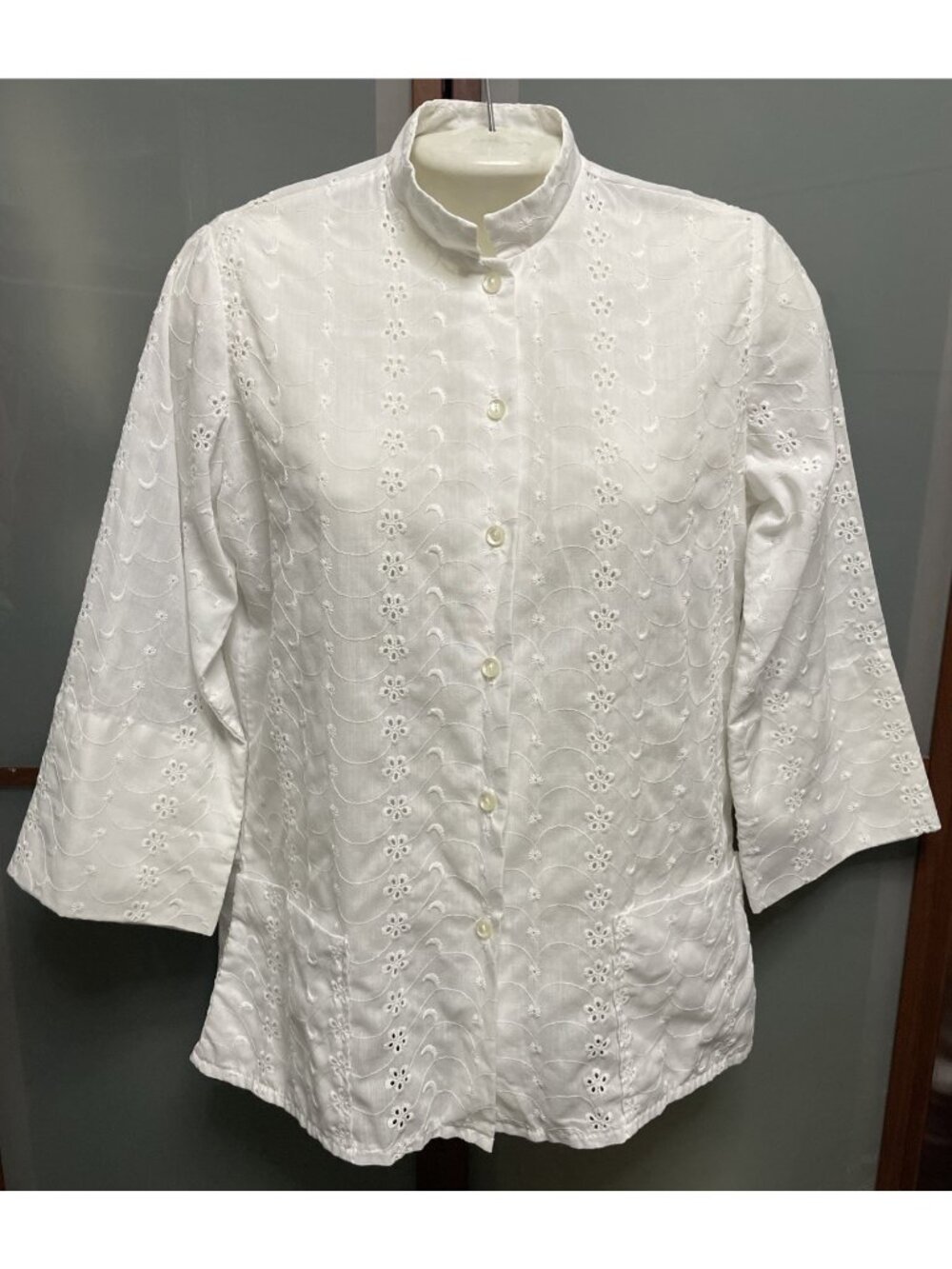 Teddi Of California Vintage 70s Size 8 White Eyelet Tunic Bell Sleeve Blouse Top